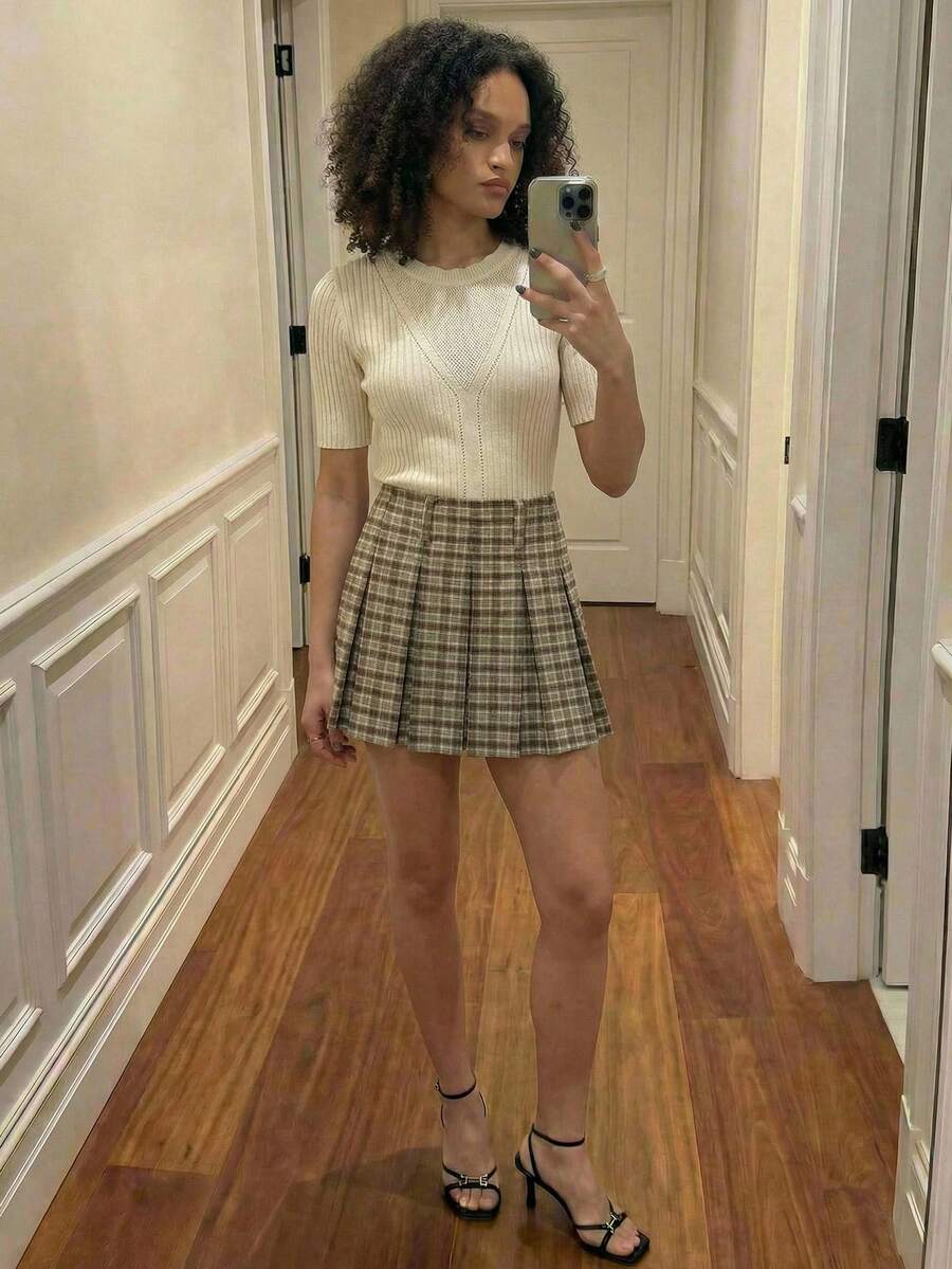 Maija Green Plaid Pleated A-Line Skirt, Casual Urban Style For Women - Multicolor - View 1