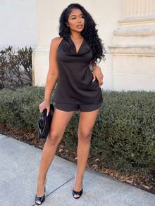 Alexandranx 女式简约通勤垂坠领别致圆领紧身背心 - 黑色 - 查看 6