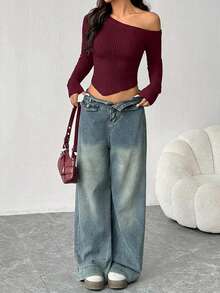 1pc Women's Sexy Off-Shoulder Solid Color Asymmetric Hem Long Sleeve Sweater - Burgundy - View 3