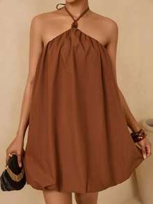 Lyxana Women's Coffee Color Loose Cotton Dress With Neck Tie - Coffee Brown - View 3