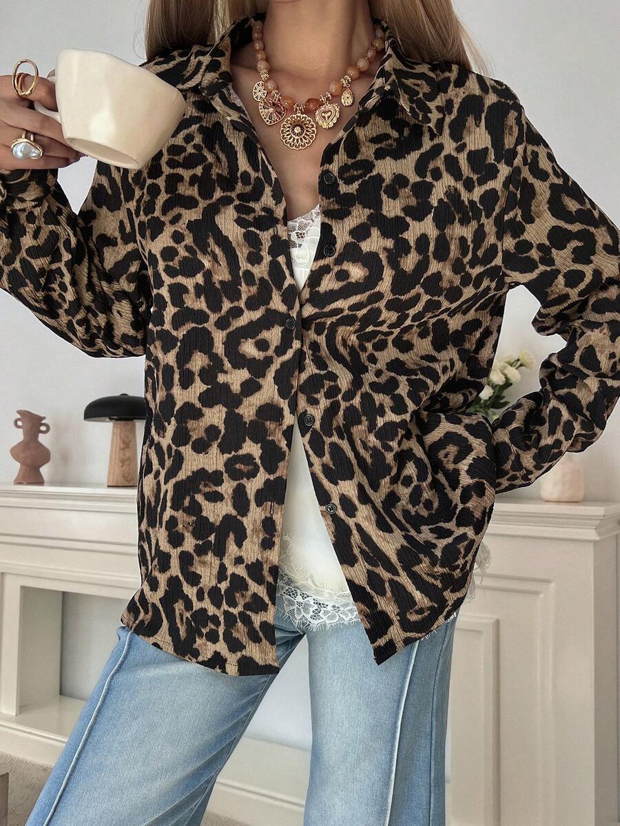DAZY Coffee Brown Leopard Print Long Sleeve Shirt For Women, Summer - Coffee Brown - View 1