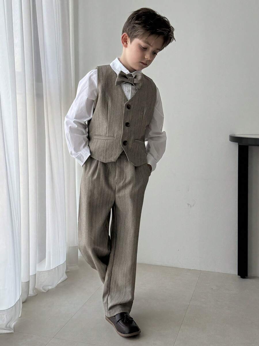 DAZY 青少年男孩派对条纹绅士套装 - 领结、马甲和裤子 - 卡其色 - 查看 1