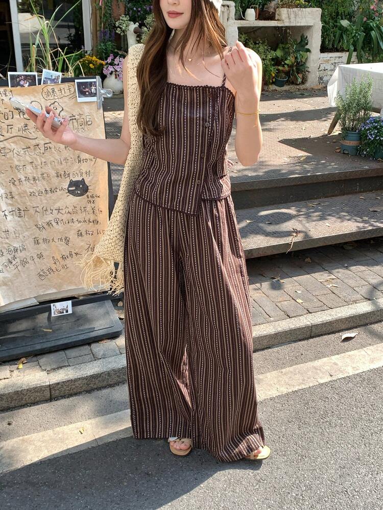 Women's Striped Fabric Camisole Top And Loose Wide-Leg Pants 2 Pieces Vacation Set