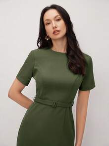 BizChic 女士短袖中长连衣裙，都市通勤商务优雅夏季款 - 軍綠色 - 查看 6