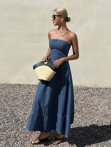 DAZY 女士度假无肩带露背牛仔连衣裙 - 藍色 - 查看 5