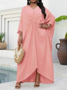 SHEIN Lady Plus Size Women's Dusty Pink Modest Kaftan Dress,Summer Loose Robe For Al-Adha,Tea Party,Bridal Shower,Vacation Beach Swimsuit Cover Up,Long Robe Fall - Pink - View 7