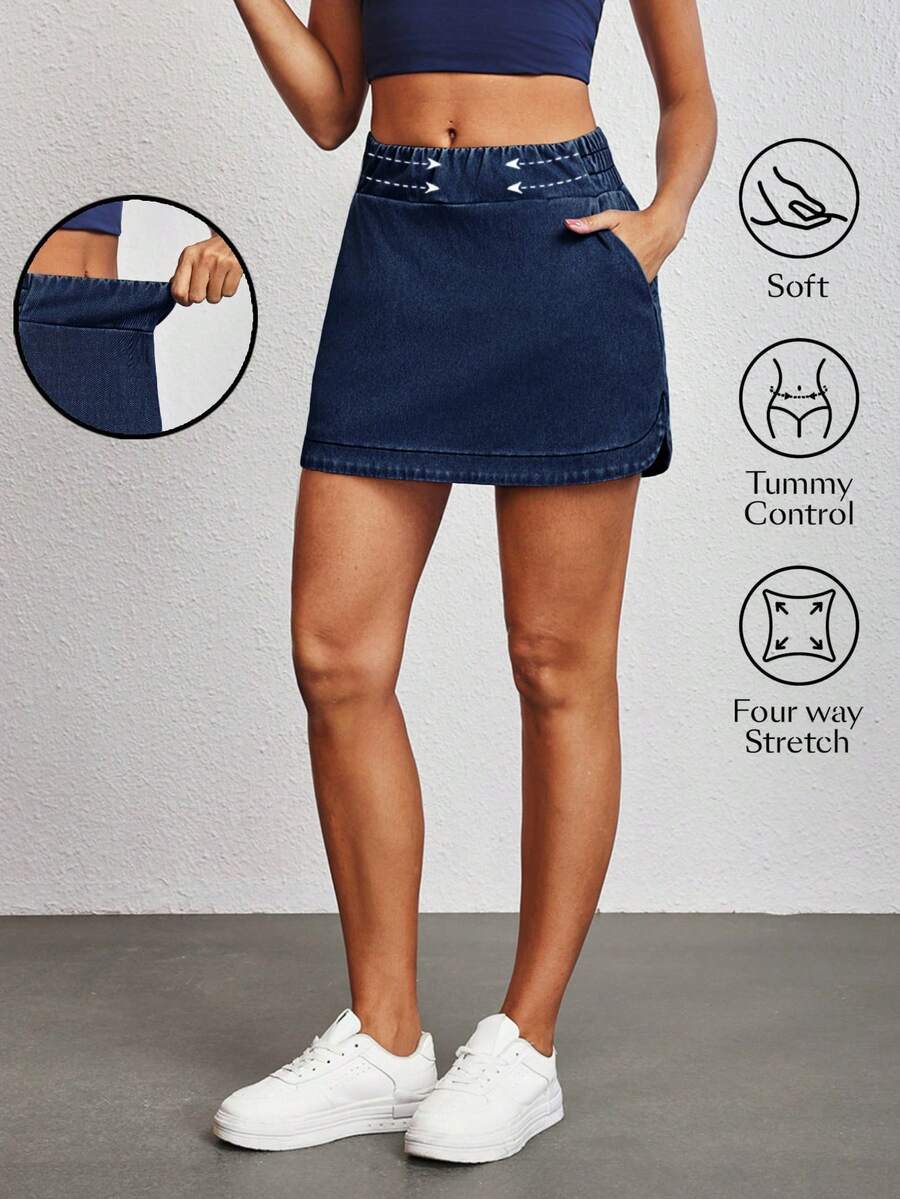 Flexra Chân váy ngắn denim nữ dáng casual, cạp chun, chất liệu denim mài, thích hợp cho mùa hè. - Rửa tối - Xem 1