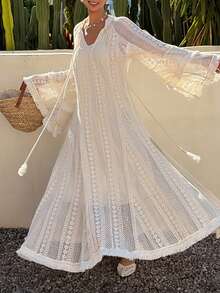 DAZY 女士优雅蕾丝喇叭袖流苏系腰中长连衣裙，春夏款 - 米色 - 查看 4