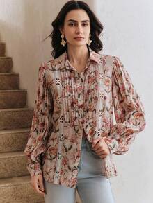 Anewsta Blus Wanita Model Baru Longgar Kasual Motif Bunga dengan Kerah, Cocok untuk Musim Semi, Musim Panas, Beraktivitas Sehari-hari, Pesta Pantai, Atasan Warna Pink - Berwarna merah muda - View 6