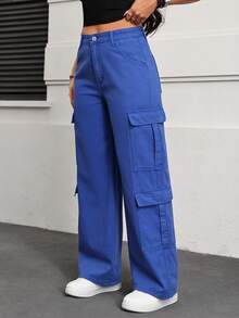 SHEIN EZwear Quần jeans cargo nữ mùa hè có khóa kéo và túi nắp - Màu xanh lam - Xem 3