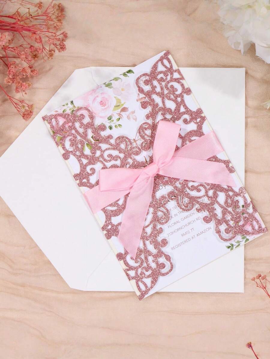 20PCS Pink Glitter Laser Cut Wedding Invitations Set With Envelopes RSVP Cards Bow Ribbon For Bridal Shower Engagement Quinceanera Sweet 16 Birthday Party Event Stationery