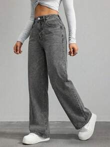 EURMUSE Jeans casuales y versátiles de tiro alto, pierna ancha y bolsillos para mujer - Gris - Ver 3