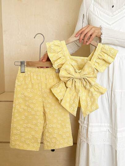 女婴夏季休闲撞色荷叶边衬衫和裤子两件套