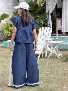 DAZY 2件套少女时尚短袖上衣和阔腿牛仔裤套装，夏季 - 藍色 - 查看 6