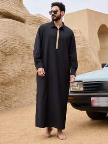 DAZY Men's Black Middle Eastern Style Long Robe Shirt, Spring - Black - View 4
