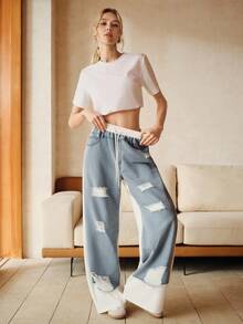 Anewsta 女士休闲嘻哈街头风做旧拼接白色运动裤 - 藍白色 - 查看 10