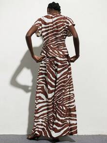 Aveloria Modichic Women's Deep V-Neck Zebra Print Short Sleeve Top And Wide Leg Pants, Suitable For Vacation, Party, And Daily Wear - Brown - View 2