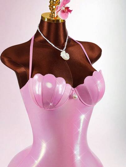 Amplova Y2K Shell-Shaped Bra Cup With Pearl Pendant, Tight-Fitting Bodycon Sleeveless Spaghetti Straps Women's Curved Hem Bodycon Sexy Halter Mini Dress Summer Outfits Summer Outfit For Women Spring Outfit  Festival Outfits For Women Festival Party Outfit  Beach Vacation Outfits For Women Wedding Guest Dress For Women Graduation Dress Going Out Prom Birthday Casual Beach Vacation Outfits For Women Bikini With Charm Pink Bikini Swimsuits For Woman Pink Bikini Pink