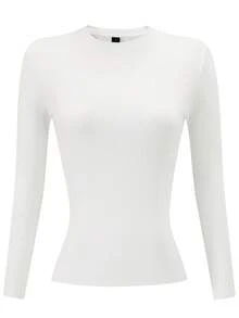 Selamara Women's Long Sleeve Ribbed Texture Crew Neck T-Shirt, Slim Fit Top - White - View 3