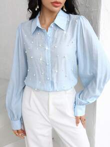 Modelyn 时尚浅蓝色泡泡珠宽松衬衫，春夏款 - 淺藍色 - 查看 3