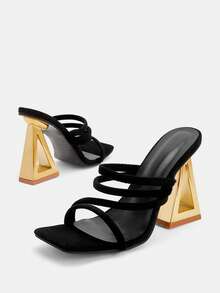 Glitzique Women's Black High Heel Shoes With Gold Pyramid Decor Mule Sandals, Elegant Party Dual-Use Slip-On High Heel Slides Spring Shoes Summer Shoes - Black - View 7