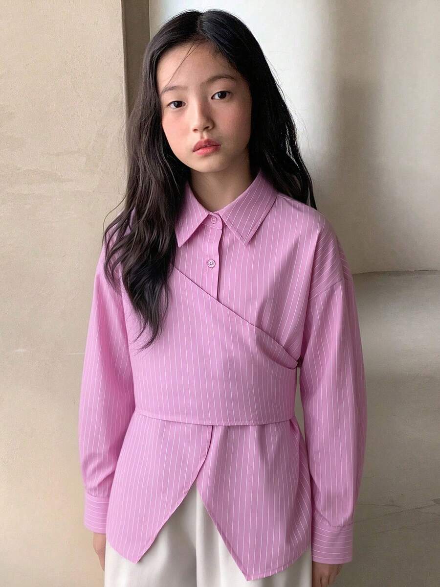 DAZY 少女翻领条纹长袖梭织衬衫,秋季款 - 粉色 - 查看 1