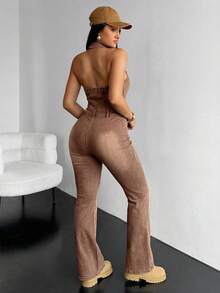 SHEIN ICON Jumpsuit dan Romper Denim Bodycon Leher Halter dengan Resleting untuk Wanita Edisi Centennial - Coffee Brown - View 2