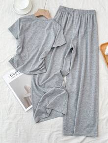 Tween Girls' Casual Everyday Gray Round Neck Top With Straight Leg Cherry Print Pants - Grey - View 2