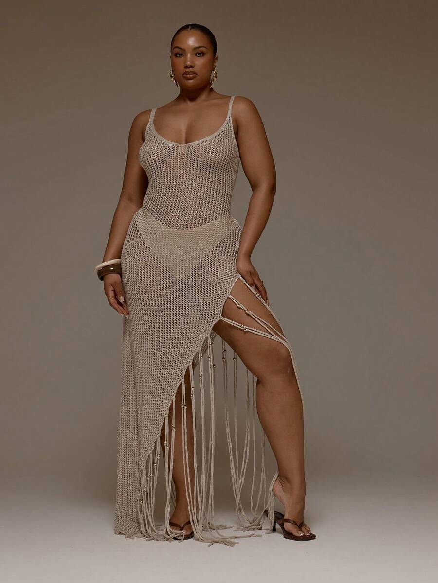 MUSERA 大码钩针编织圆领流苏修身长裙，春夏可爱优雅约会之夜派对节日假日海滩性感毕业长裙 - 杏色 - 查看 1