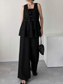 FRIFUL Bộ jumpsuit denim dáng rộng, cổ chữ V sâu, eo thắt dây, phối bèo nhún, dành cho nữ, thích hợp cho mùa hè. - màu đen - Xem 5
