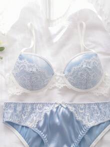 DelicateAllure Bộ 2 món gồm áo ngực và quần lót ren màu xanh nhạt, có gọng, nâng đỡ tốt, tạo dáng và ôm sát, nội y nữ thanh lịch và duyên dáng. - Màu xanh nhạt - Xem 3