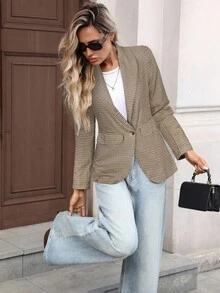 Women's Casual Plaid Long Sleeve Blazer - Yellow - View 4