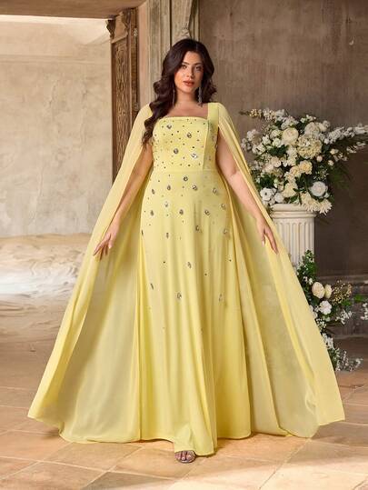 Aureia Plus Size Elegant Luxurious Romantic Light Yellow Elastic Knit Patchwork Chiffon Square Neck Flare Sleeve Handmade Beaded A-Line Hem Dress, Suitable For Evening Party, Singles Party, Date, Ball, Holiday, Wedding Events