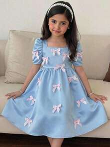 SHEIN Tween Girl Woven Solid Bowknot Square Neck Gigot Sleeve Casual Dress - Blue - View 3