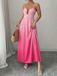 Elenzga 1pc Women's Spring/Summer Gradient Ruched Hollow Halter Waist A-Line Dress, Elegant Vacation Outfit - Pink - View 1