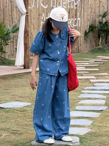 DAZY 2件套少女泡泡印花短袖牛仔上衣和牛仔裤套装，秋季 - 藍色 - 查看 1