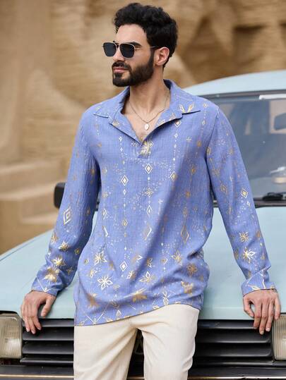DAZY Camisa longa azul de primavera com estampa em folha de ouro, estilo Oriente Médio para homens.