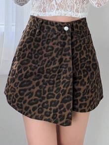 FRIFUL 女士休闲豹纹裹身牛仔短裤，夏季 - 棕色 - 查看 6