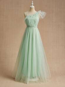 优雅飘逸的单肩荷叶边领口荷叶边袖子收腰连衣裙，纯色，适合婚礼、正式场合、派对、演出、生日等各种场合，四季皆宜。优雅绿色连衣裙，少女浅绿色连衣裙，少女荷叶边袖连衣裙，浅绿色伴娘礼服，单肩连衣裙，伴娘礼服，夏季优雅女士连衣裙，女士春季连衣裙 - 綠色 - 查看 3