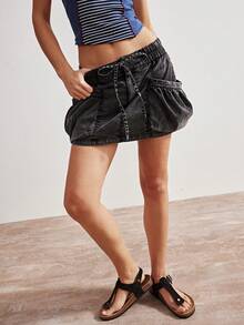 Bohemela 休闲水洗双口袋抽绳腰女裙 - 黑色 - 查看 6