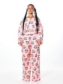 SUMWON X PAUL FRANK SUMWON WOMEN 女士超大款全拉链连帽衫，粉色猴子印花卫衣外套，街头都市时尚 - 粉色 - 查看 5