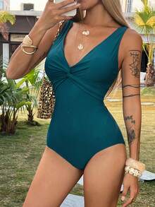 Livesso Women's Deep V-Neck Twist Front Backless Green Slimming One-Piece Swimsuit - Green - View 3
