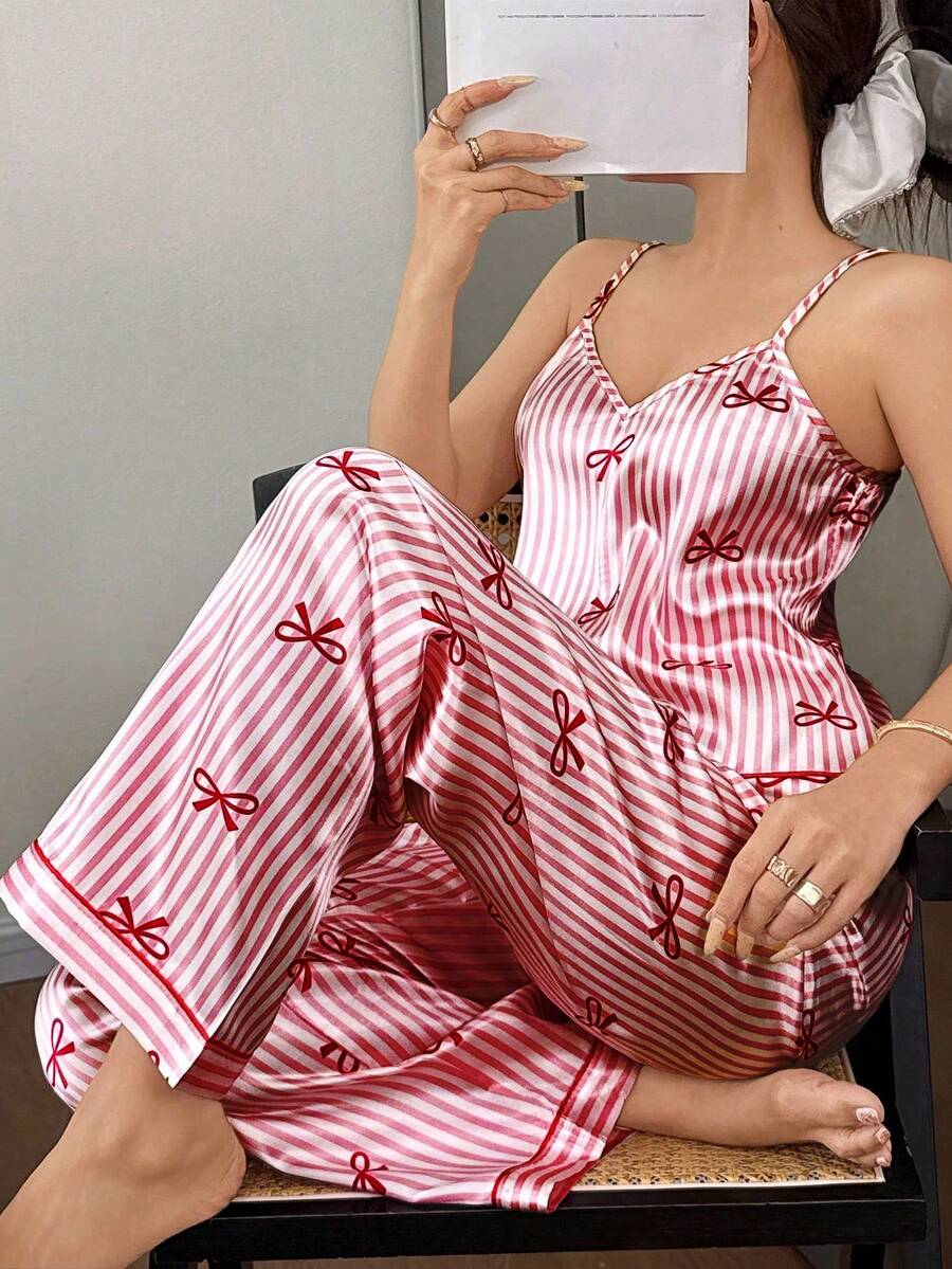 Napfluff Conjunto de pijama de mujer con pajarita y top de camisola con estampado de rayas de seda sintética y pantalones - Burdeos - Ver 1