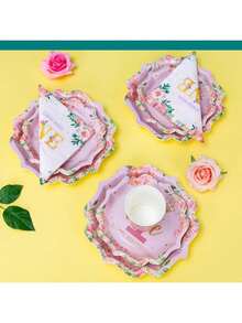 Happy First Birthday! Pink Flower-Shaped Disposable Plates, Napkins, And Paper Cups. These Pink Flower-Shaped Disposable Plates, Napkins, And Paper Cups Are Perfect Party Supplies For A 25-Guest Birthday Party Or Family Picnic - Multicolor - View 4