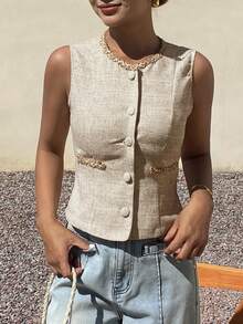 Livesso 女士圆领休闲百搭日常外套 - 卡其色 - 查看 1