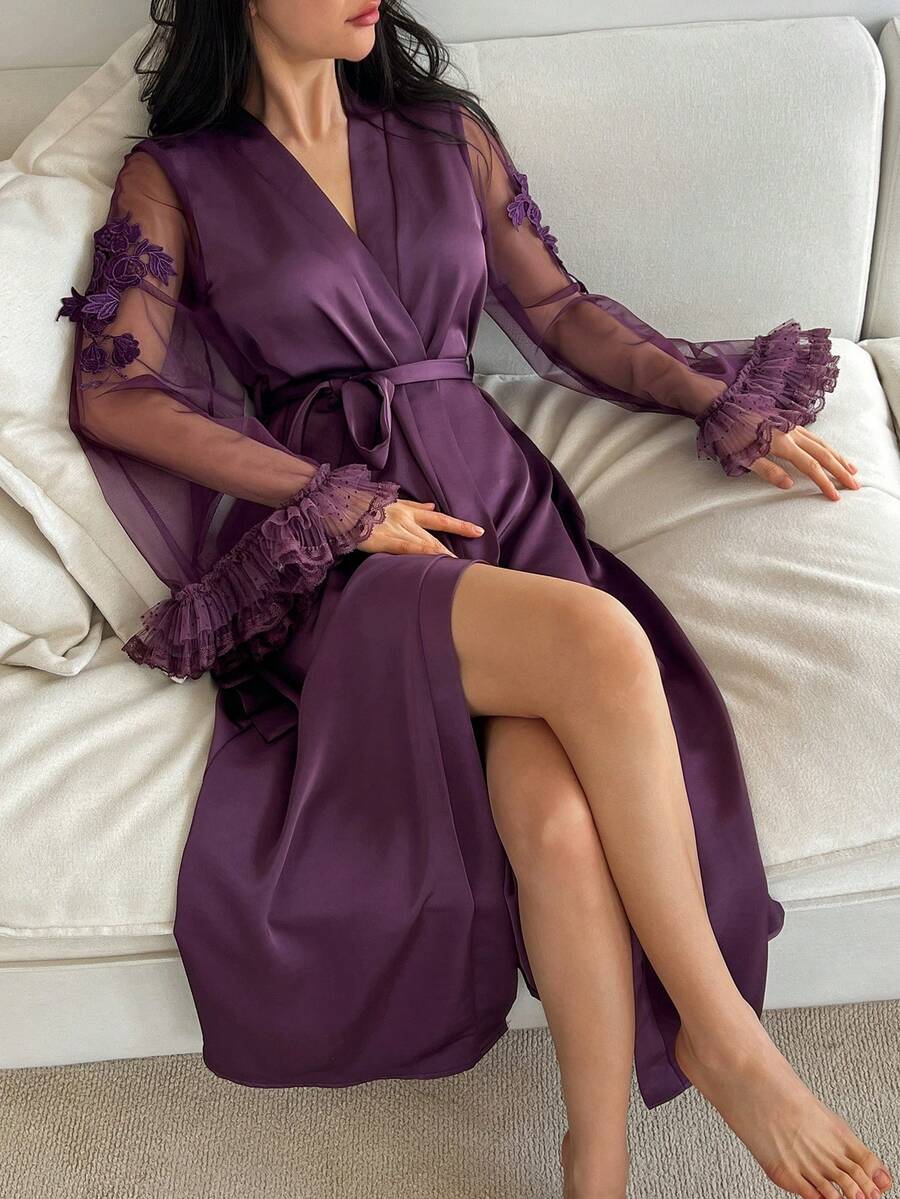 DAZY Lace & Mesh Patchwork Long Sleeve Long Robe, Women Summer & Spring Loungewear Outerwear - Dusty Purple - View 1