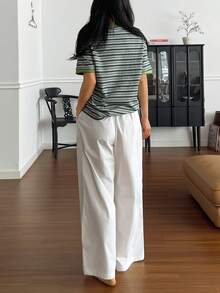 DAZY 2件套女士宽松条纹短袖T恤和直筒长睡裤，夏季睡衣套装 - 綠色 - 查看 2