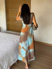 DAZY Women's Sleeveless Tie-Dye Tie Dye Print Ruched Waist Nightgown, Summer Pajamas - Brown - View 2