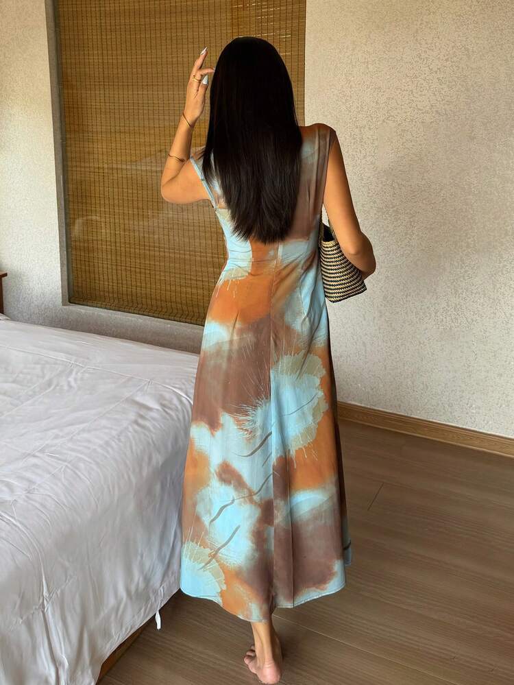 Women's Sleeveless Tie-Dye Tie Dye Print Ruched Waist Nightgown, Summer