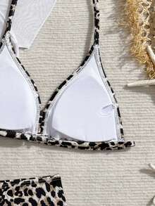 少女豹纹樱桃针织比基尼三件套，可爱挂脖侧系带网纱袖泳衣，时尚休闲优雅泳装，适合游泳、海滩、泳池、夏季度假等场合。 - 彩色 - 查看 4